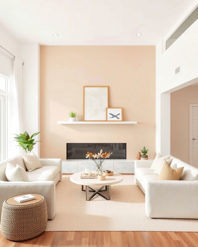 beige accent wall to add depth - 20 Beige and White Living Room Ideas