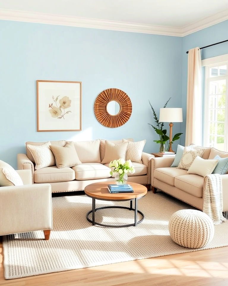 beige accents and soft blue walls - 20 Blue and Beige Living Room Ideas