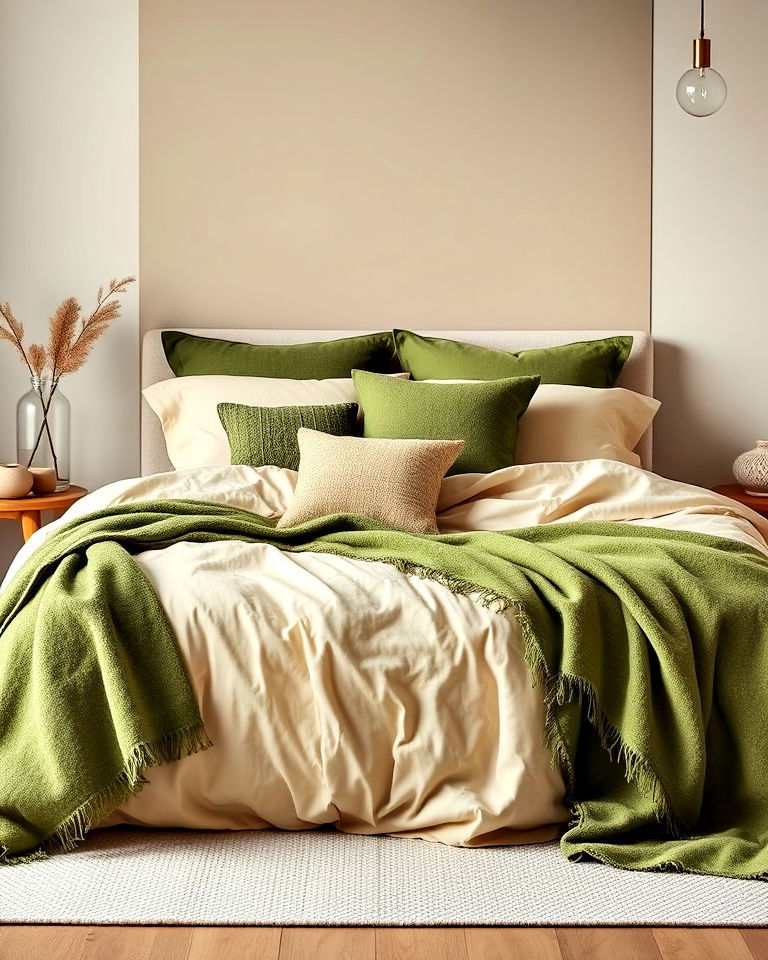 beige and moss green layered bedding ideas - 30 Green and Beige Bedroom Ideas