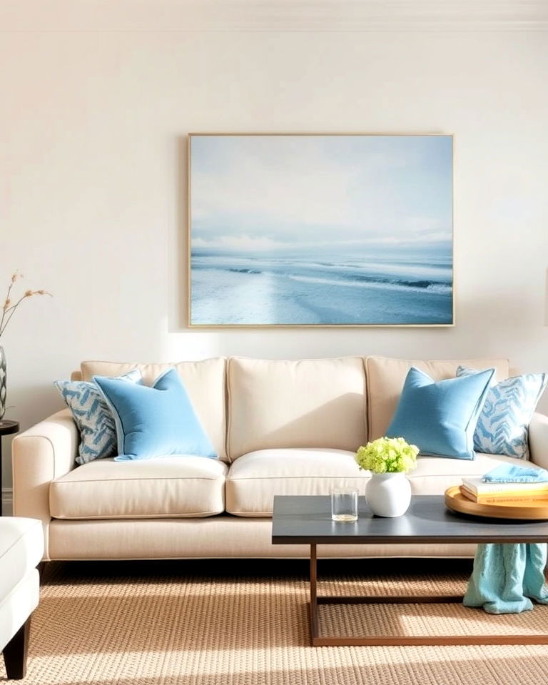 beige and sky blue combo for living room - 20 Blue and Beige Living Room Ideas