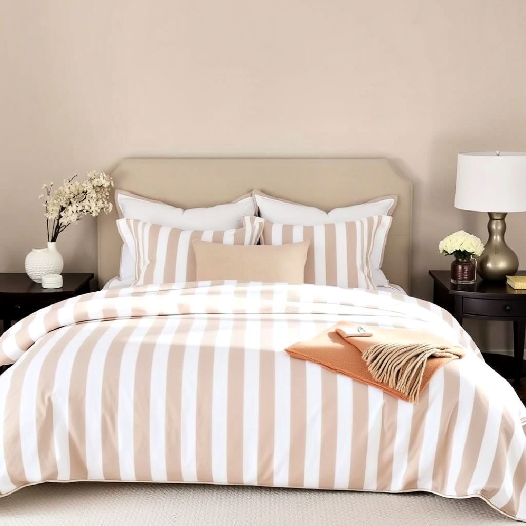 beige and white striped bedding - 30 Beige Bedroom Ideas