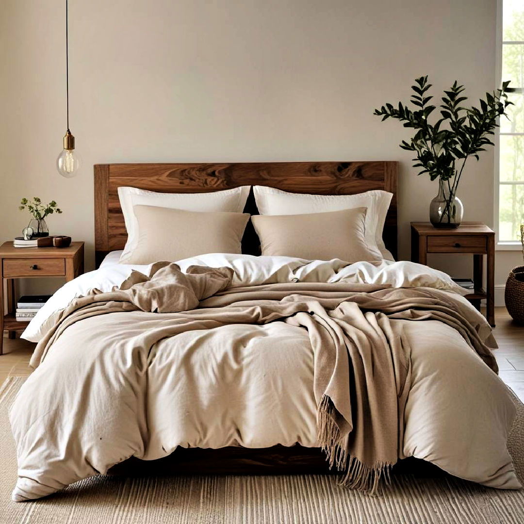 beige bedding and wooden side tables - 30 Beige Bedroom Ideas