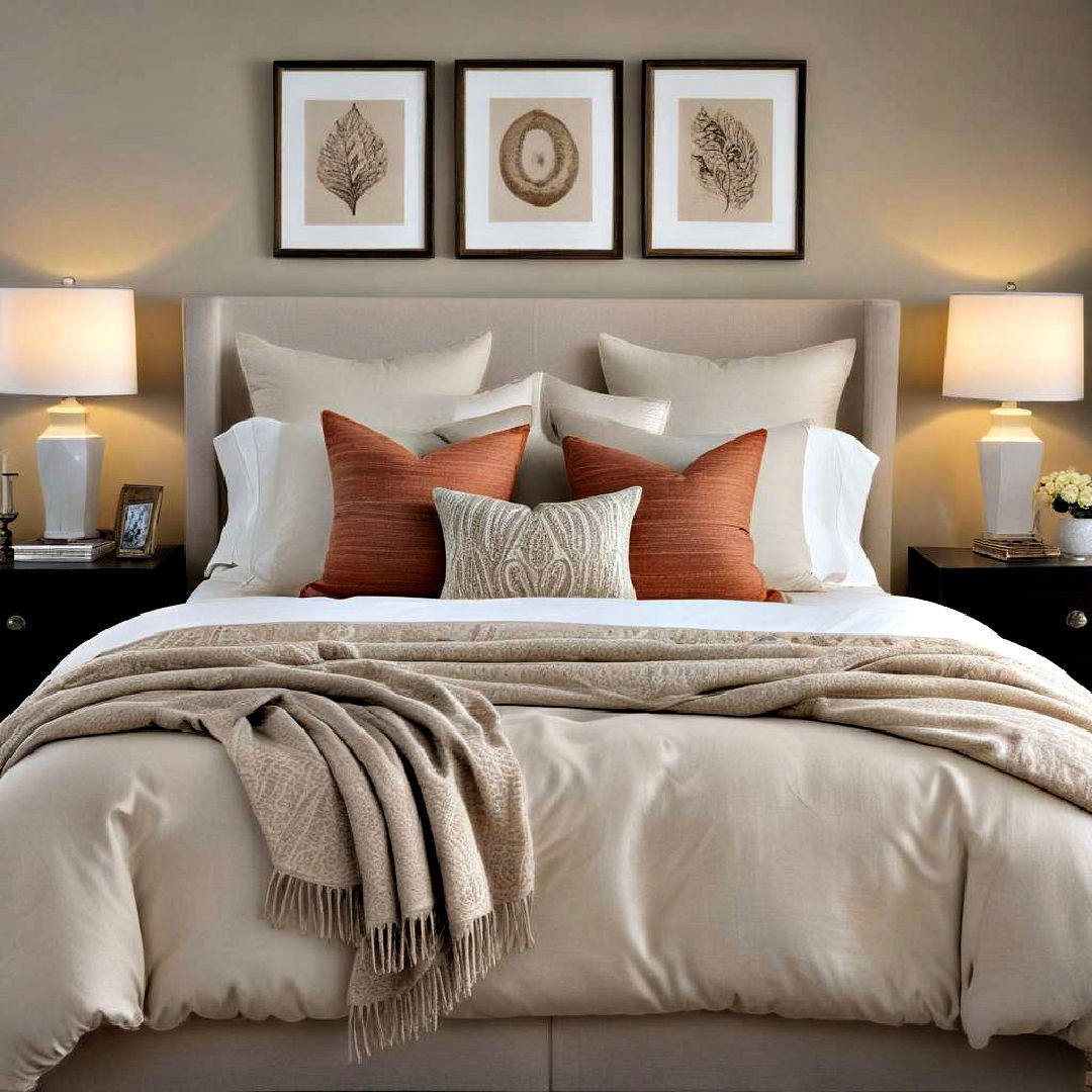 beige bedding with bold accent pillows ideas - 30 Beige Bedroom Ideas