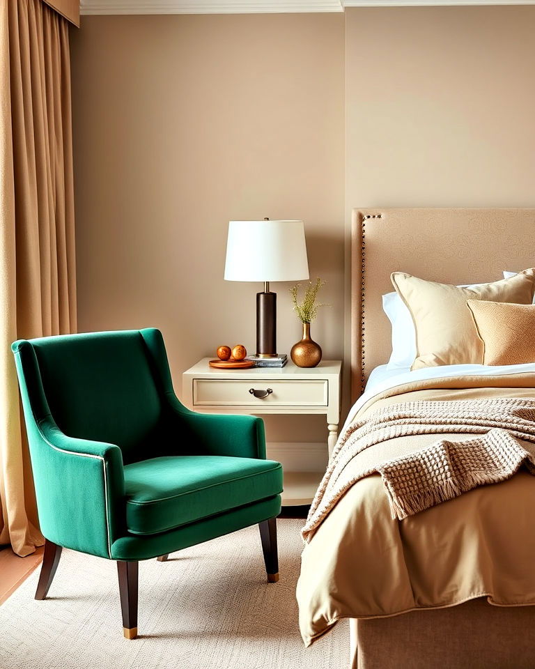 beige bedding with green accent chair - 30 Green and Beige Bedroom Ideas