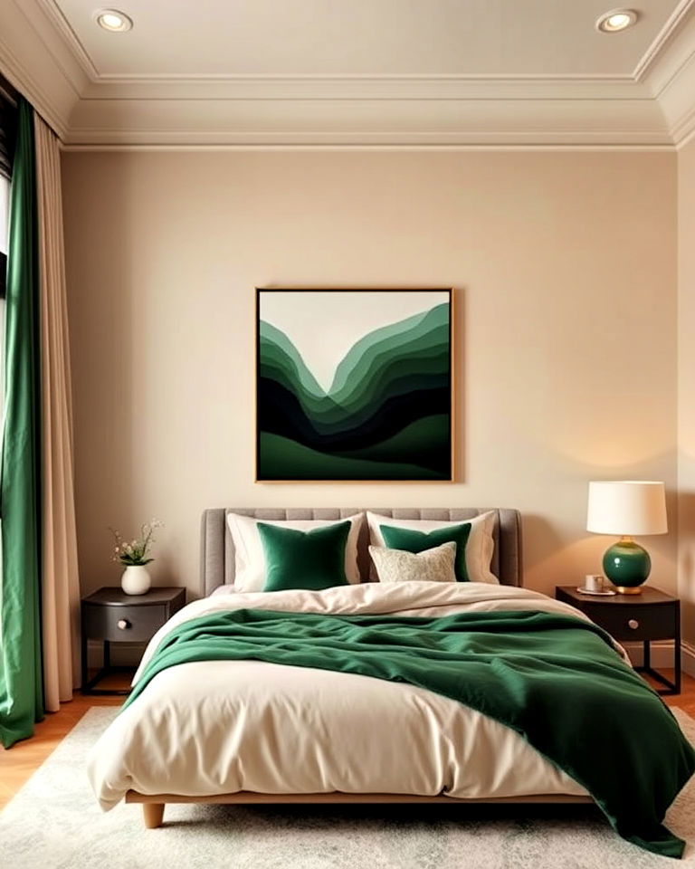 beige bedroom walls and deep green accents - 30 Green and Beige Bedroom Ideas