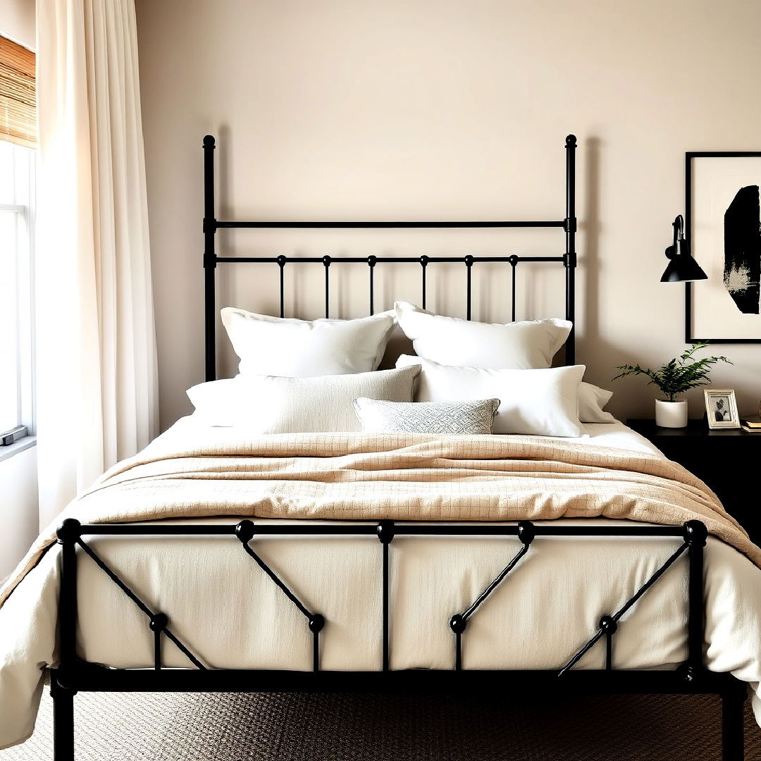 beige bedroom with black metal accents - 30 Beige Bedroom Ideas