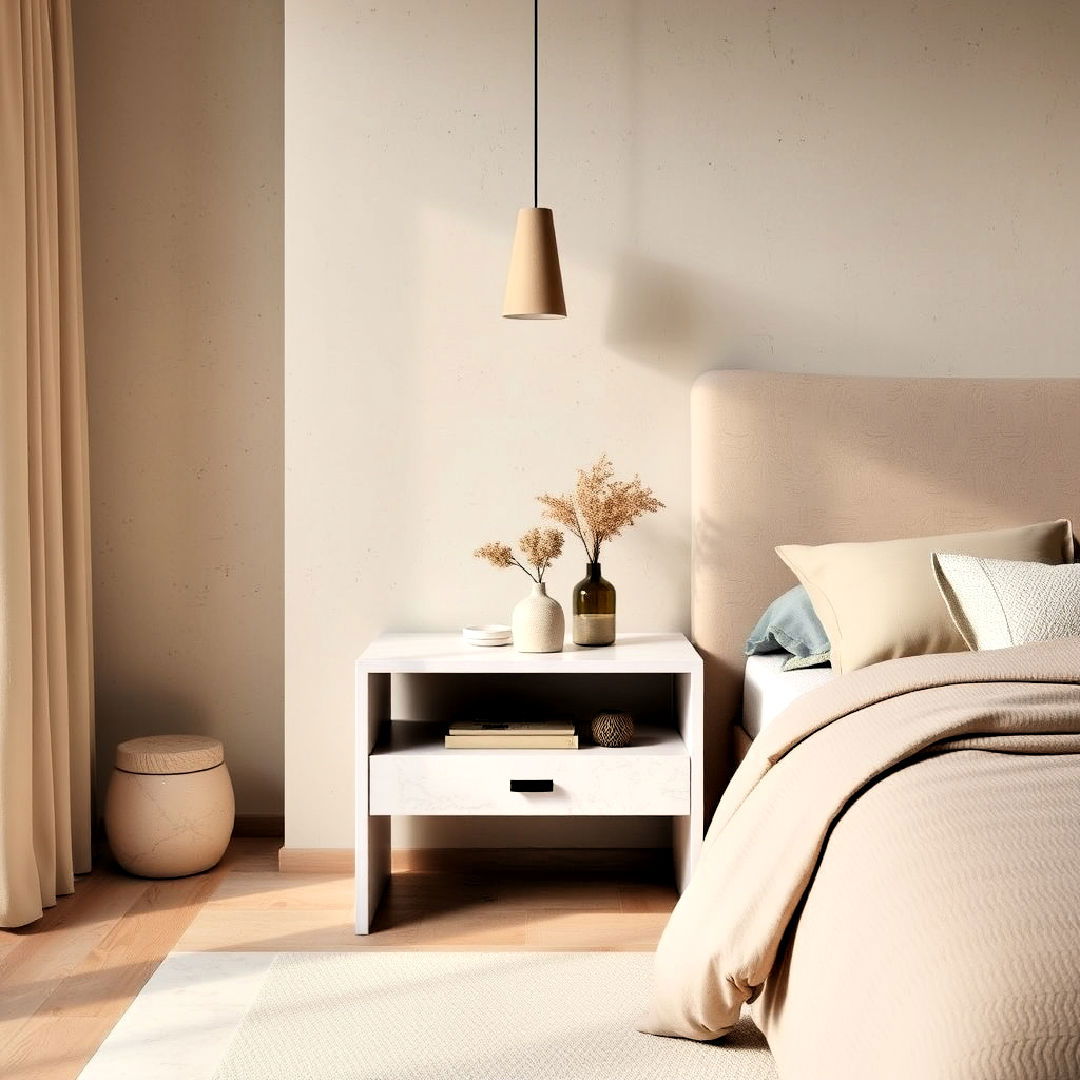 beige bedroom with marble nightstand - 30 Beige Bedroom Ideas