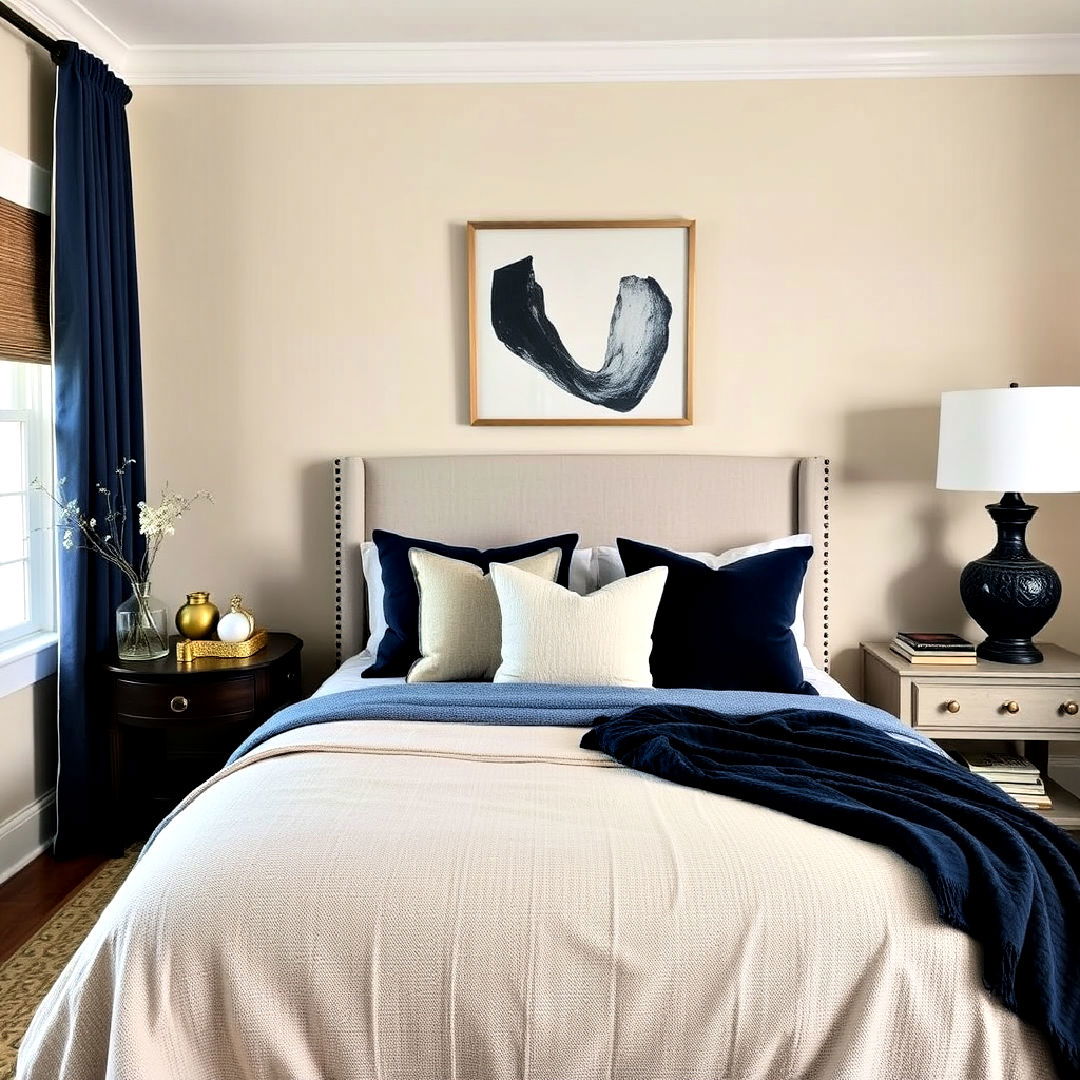 beige bedroom with navy blue accents - 30 Beige Bedroom Ideas