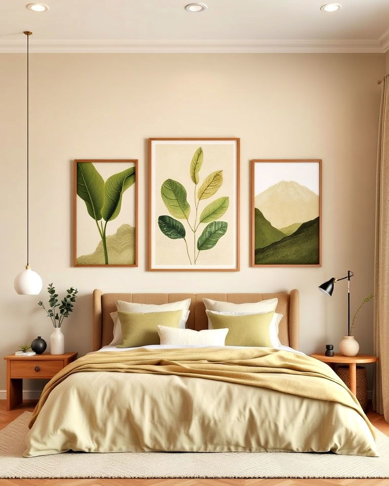 beige bedroom with olive green wall art - 30 Green and Beige Bedroom Ideas