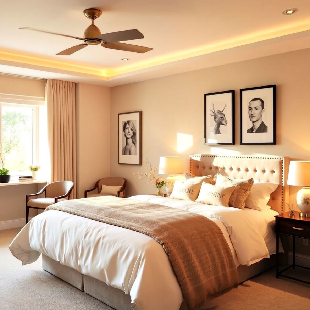 beige bedroom with warm lighting - 30 Beige Bedroom Ideas