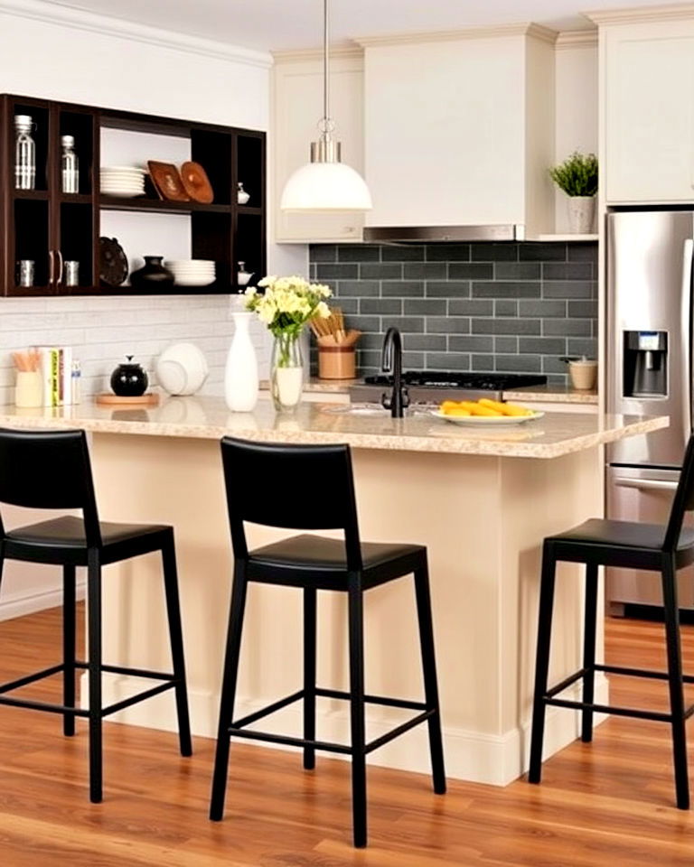 beige breakfast bar and black stools - 20 Black and Beige Kitchen Ideas