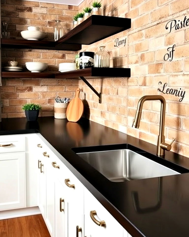 beige brick walls with black kitchen countertops - 20 Black and Beige Kitchen Ideas
