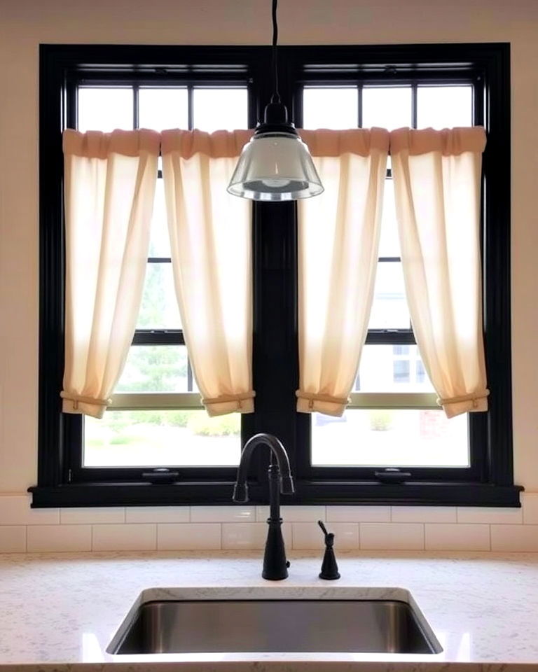beige curtains with black frames for kitchen - 20 Black and Beige Kitchen Ideas