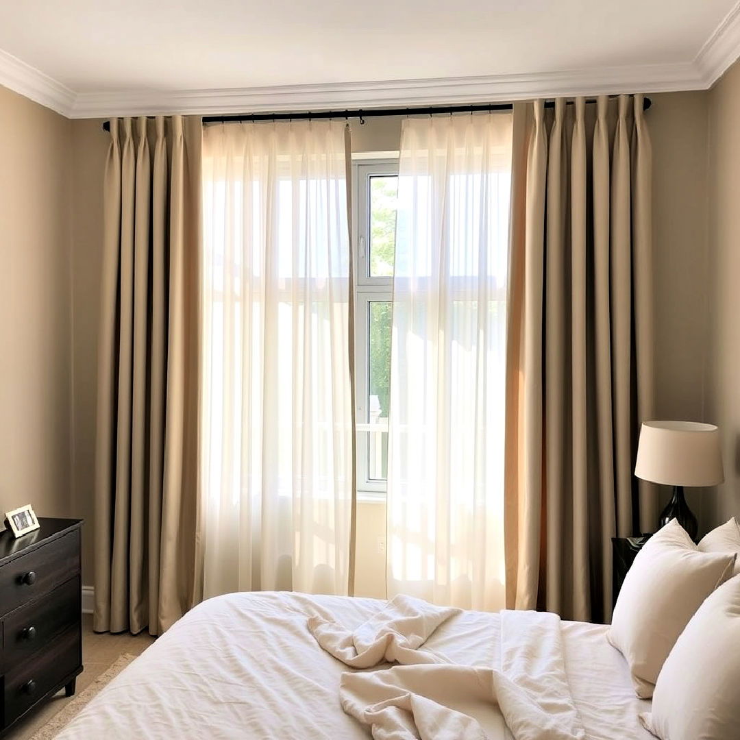 beige curtains with sheer panels - 30 Beige Bedroom Ideas