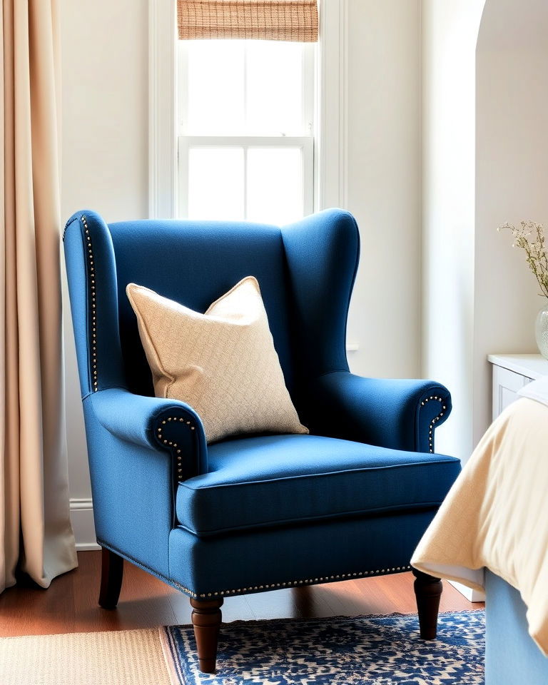 beige cushions and blue accent chair - 15 Blue and Beige Bedroom Ideas