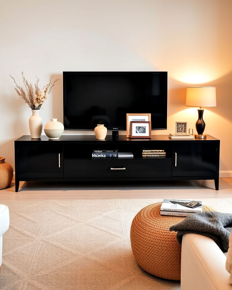 beige decor accents with black tv console - 30 Black and Beige Living Room Ideas