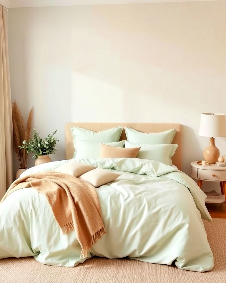 beige decor and subtle green bedding - 30 Green and Beige Bedroom Ideas