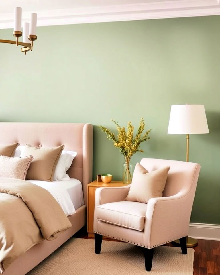 beige furnishings and sage green bedroom walls - 30 Green and Beige Bedroom Ideas