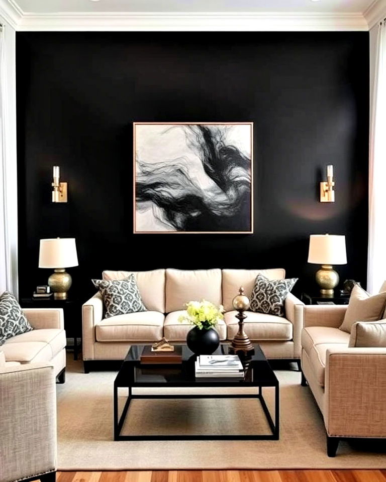 beige furniture and black accent wall - 30 Black and Beige Living Room Ideas