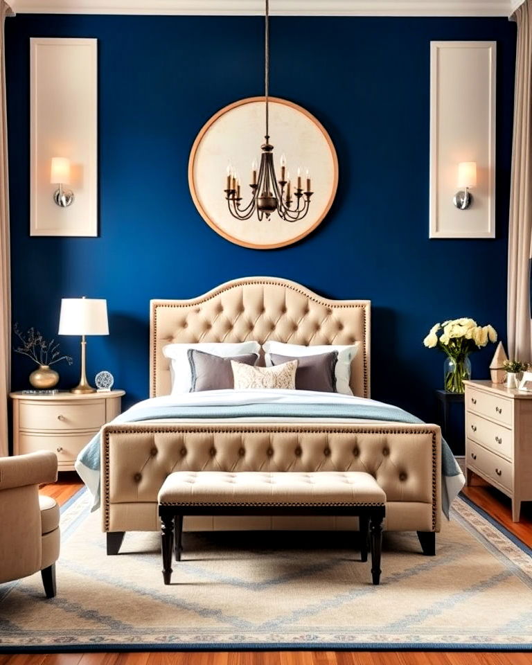 beige furniture and blue feature wall - 15 Blue and Beige Bedroom Ideas