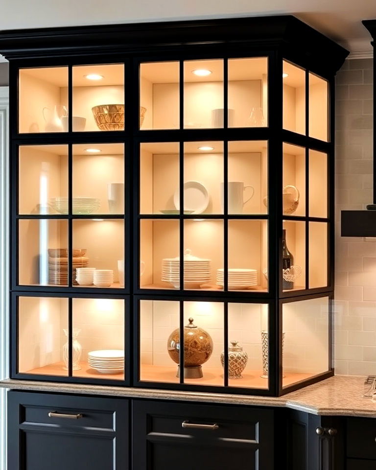beige interiors for black framed glass cabinets - 20 Black and Beige Kitchen Ideas