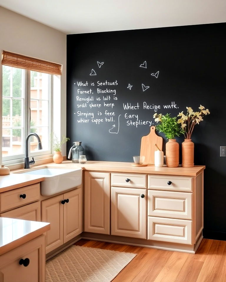 beige kitchen cabinets with black chalkboard - 20 Black and Beige Kitchen Ideas