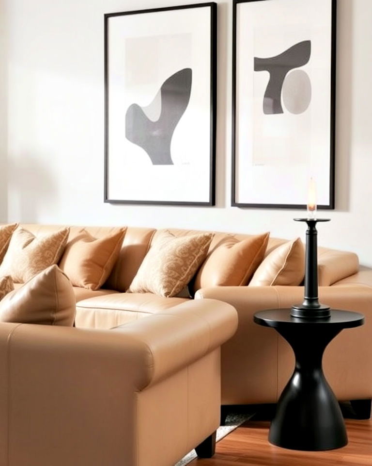 beige leather sofa and black frame artwork - 30 Black and Beige Living Room Ideas