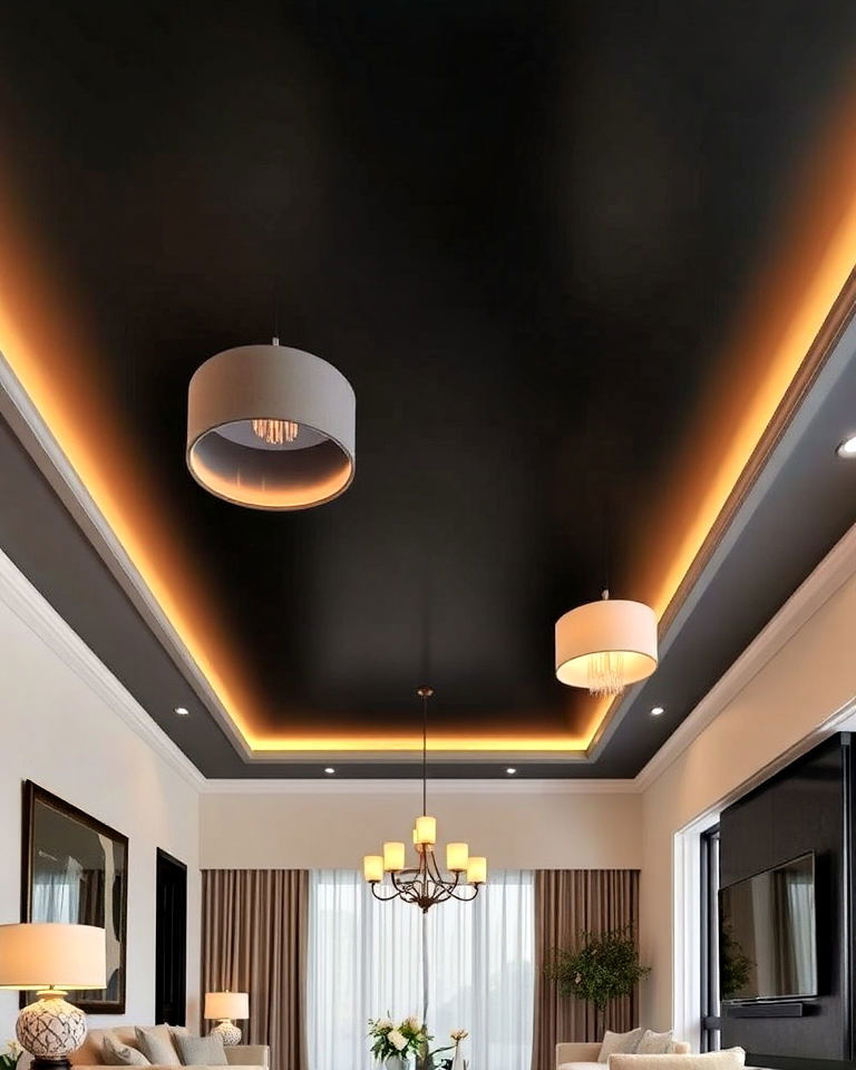 beige lighting fixtures with black ceiling - 30 Black and Beige Living Room Ideas
