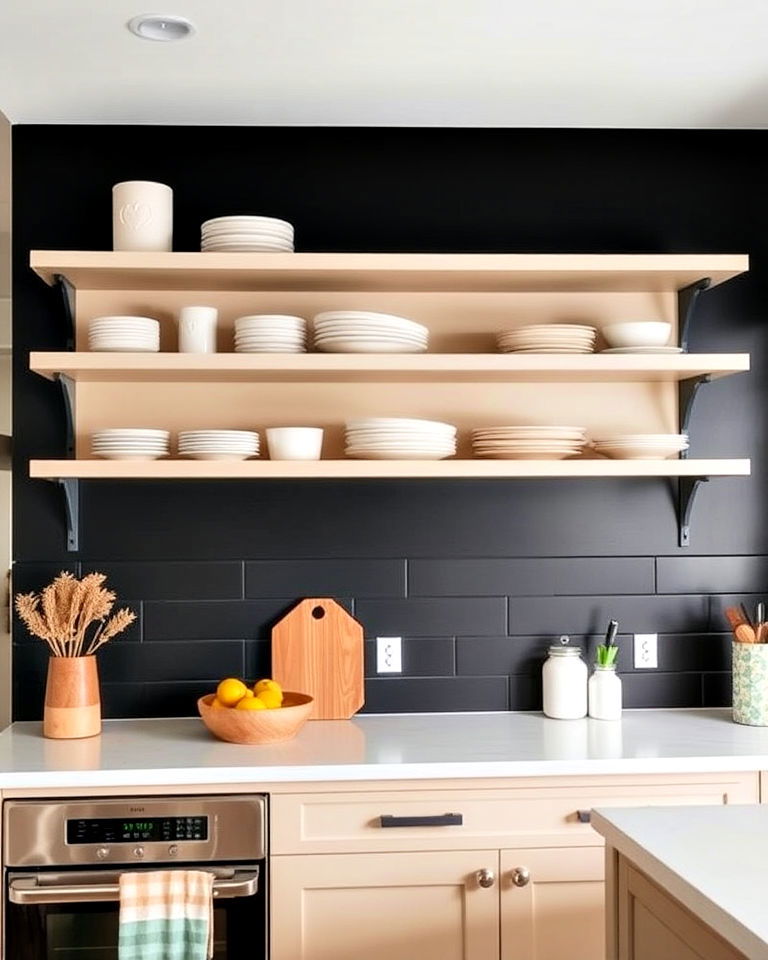 beige open shelving with black kitchen backdrop - 20 Black and Beige Kitchen Ideas