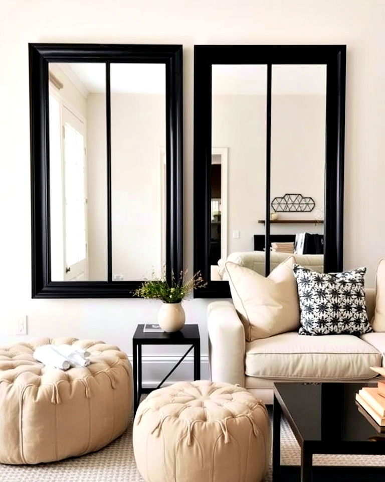 beige poufs with black framed mirrors for living room - 30 Black and Beige Living Room Ideas
