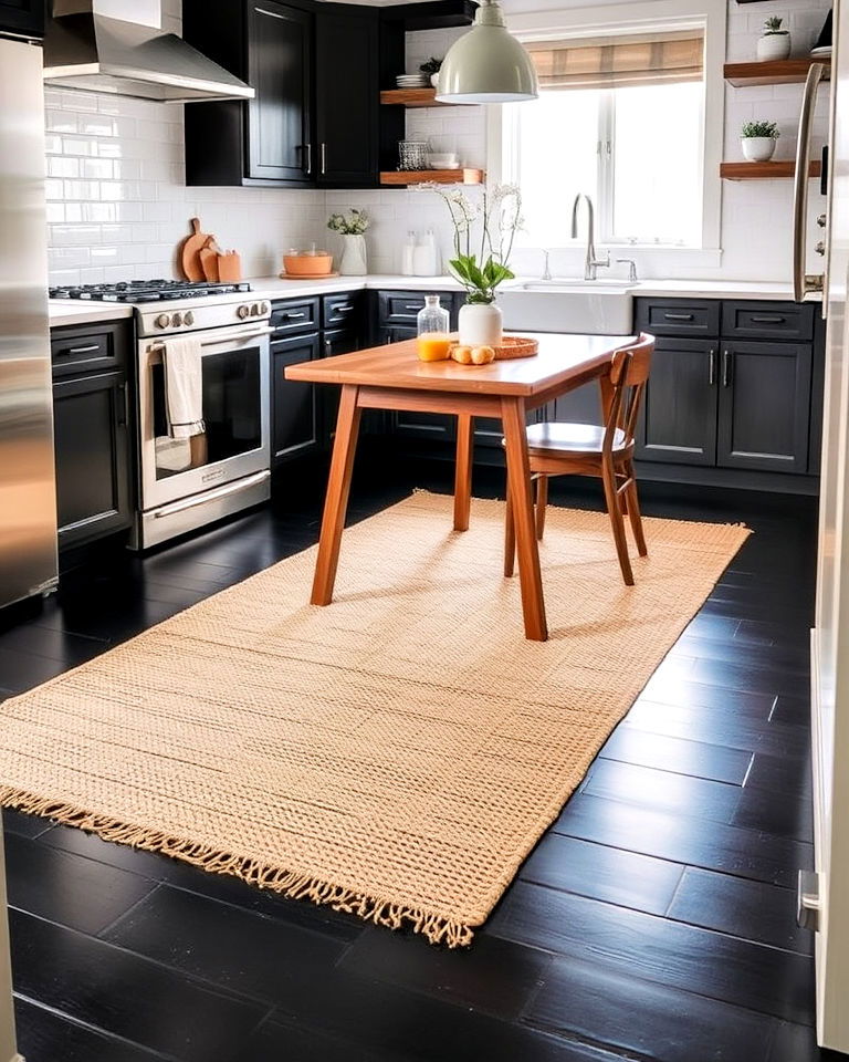beige rug on black flooring for kitchen - 20 Black and Beige Kitchen Ideas