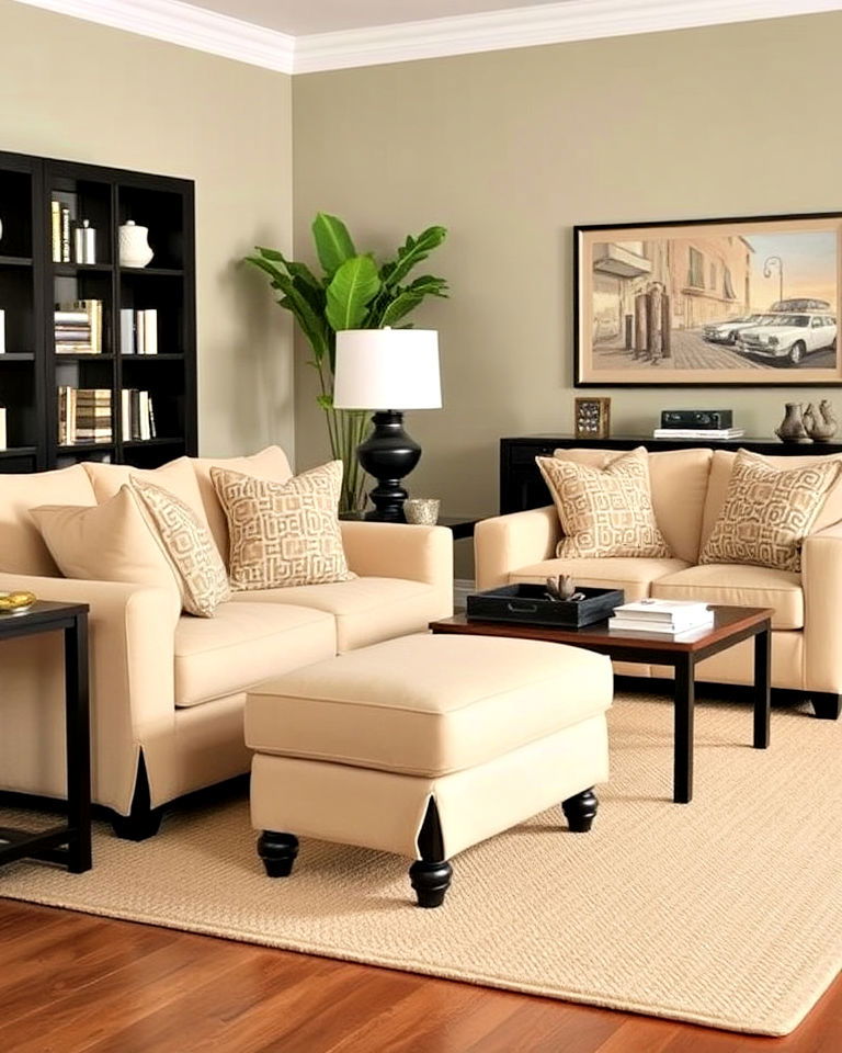 beige slipcovers with black wooden furniture - 30 Black and Beige Living Room Ideas