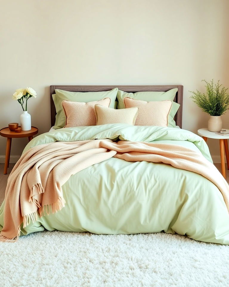 beige throw blankets and light green bedding - 30 Green and Beige Bedroom Ideas