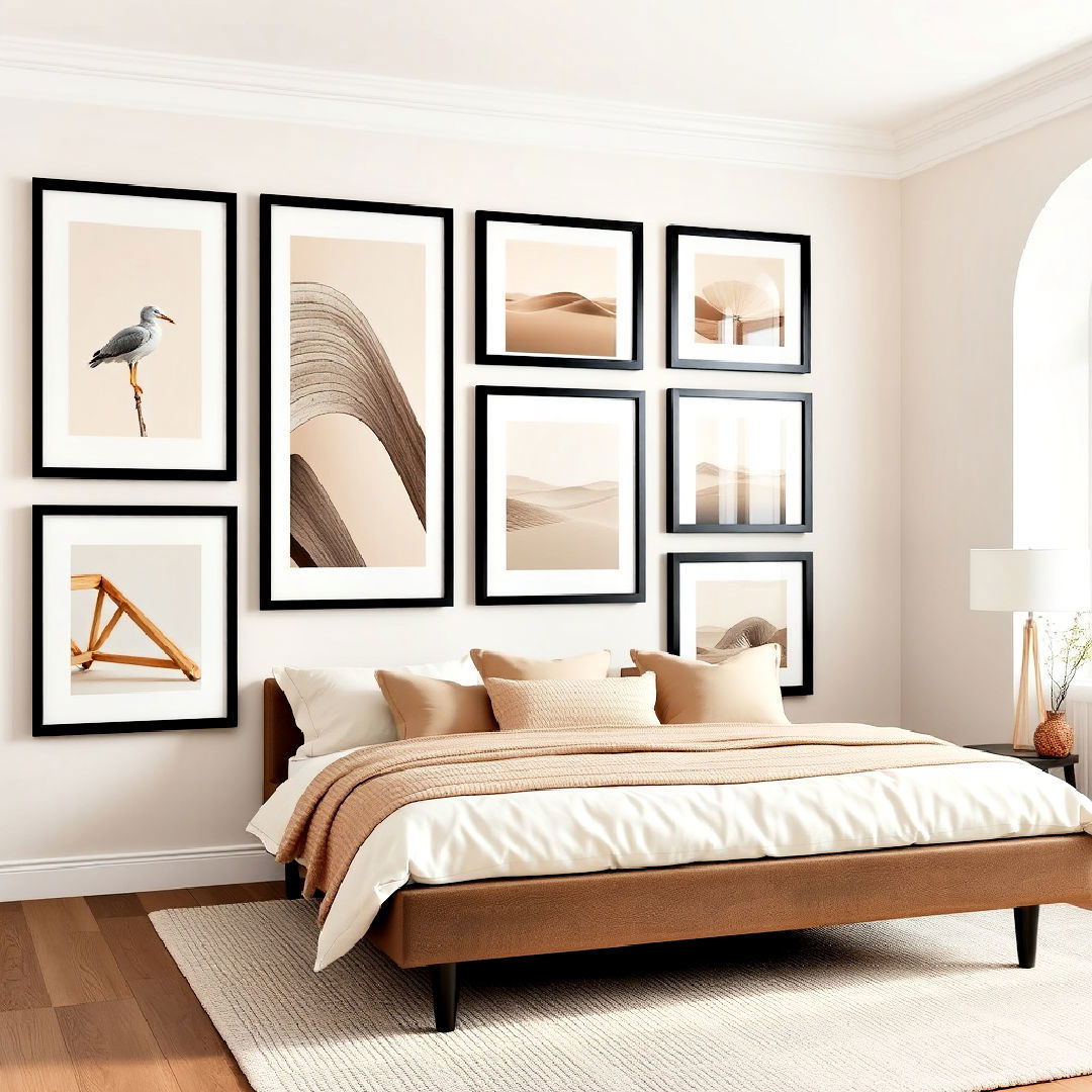 beige toned art pieces in black frames - 20 Black and Beige Bedroom Design Ideas