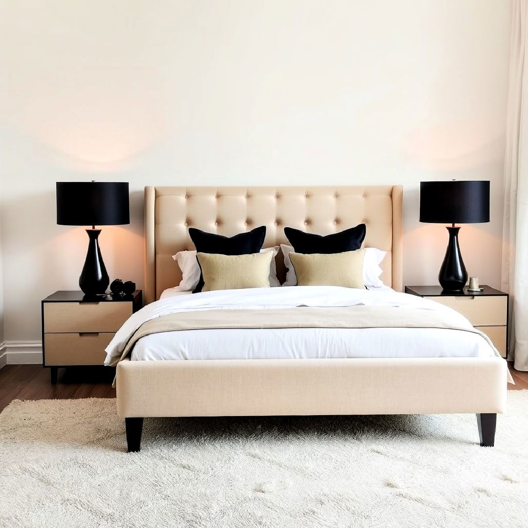 beige upholstered bed frame and black lamps - 20 Black and Beige Bedroom Design Ideas