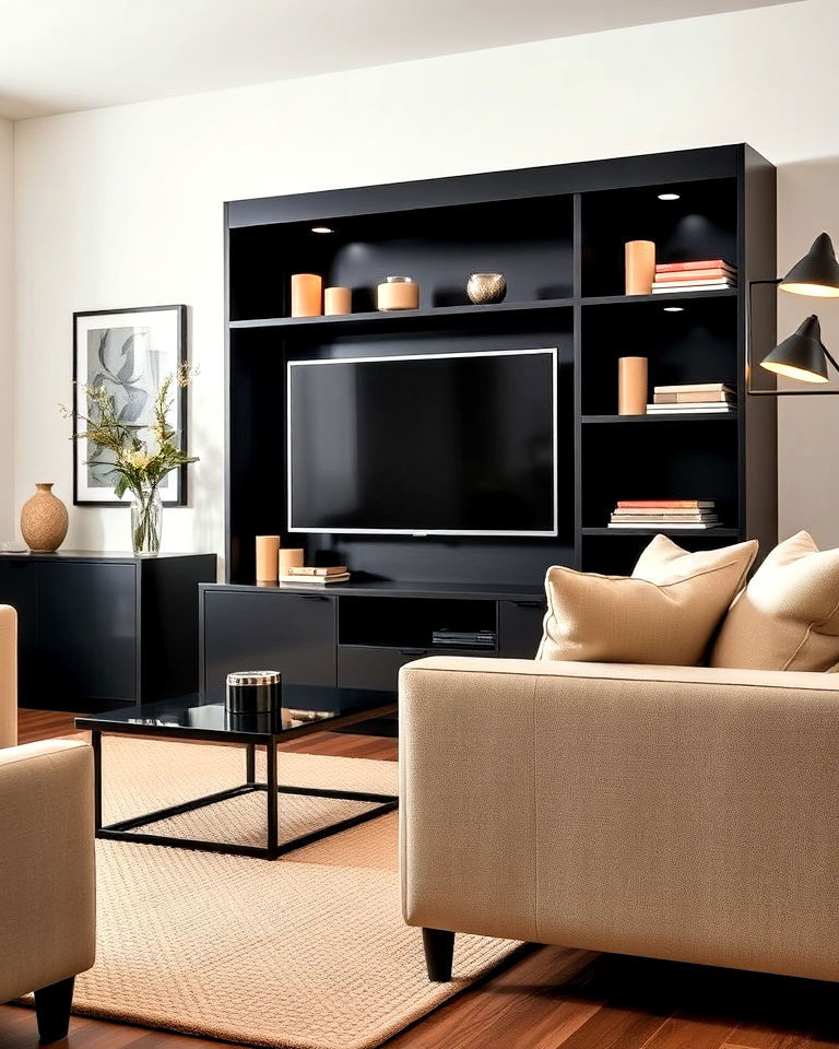 beige upholstery and black entertainment unit - 30 Black and Beige Living Room Ideas