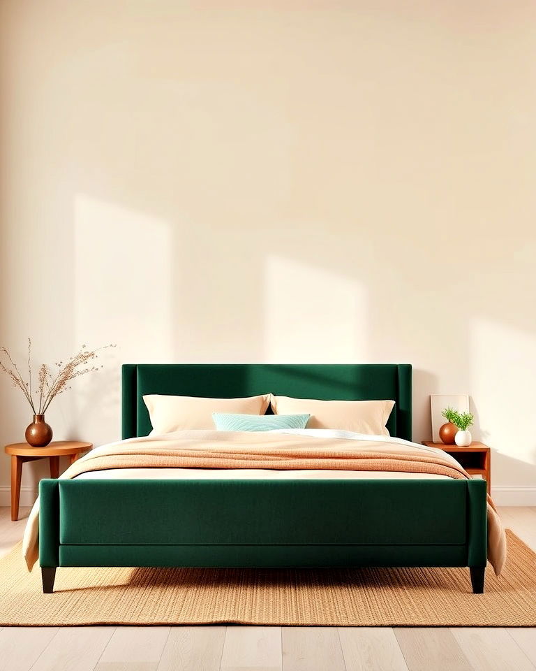 beige walls and forest green bed frame - 30 Green and Beige Bedroom Ideas