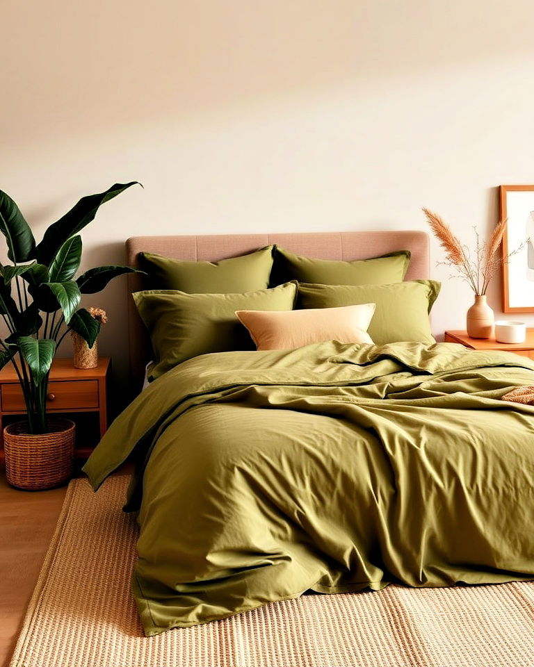 beige walls and olive green bedding - 30 Green and Beige Bedroom Ideas