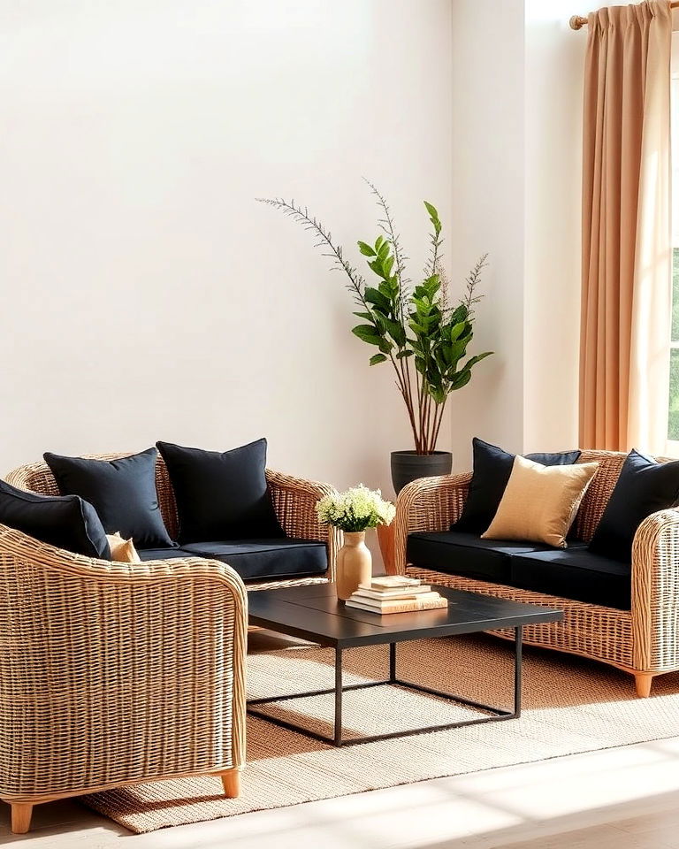 beige wicker furniture and black cushions - 30 Black and Beige Living Room Ideas