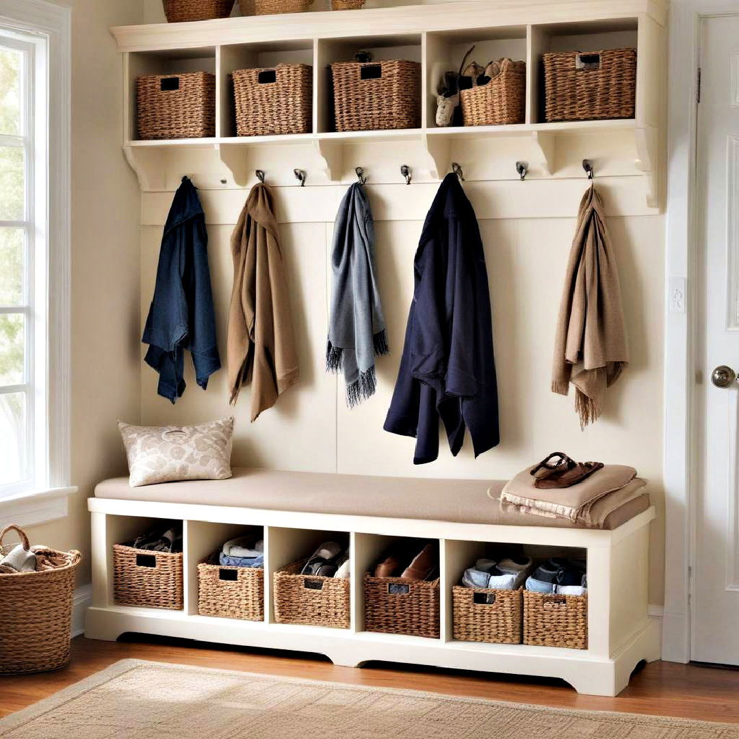 bench with built in storage bins - 40 Mudroom Ideas