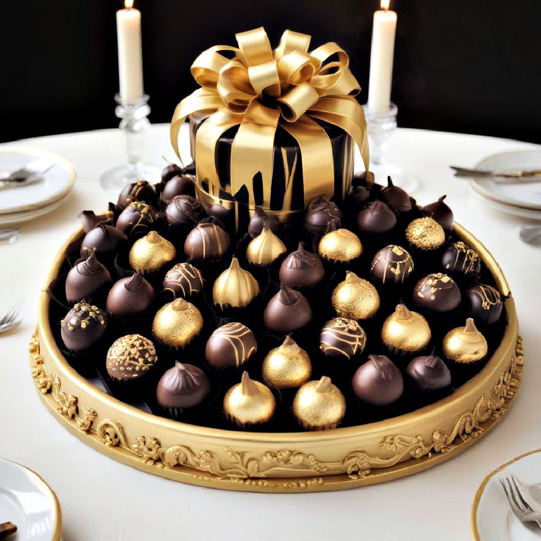 bespoke chocolate display for centerpiece - 20 Black and Gold Centerpiece Ideas