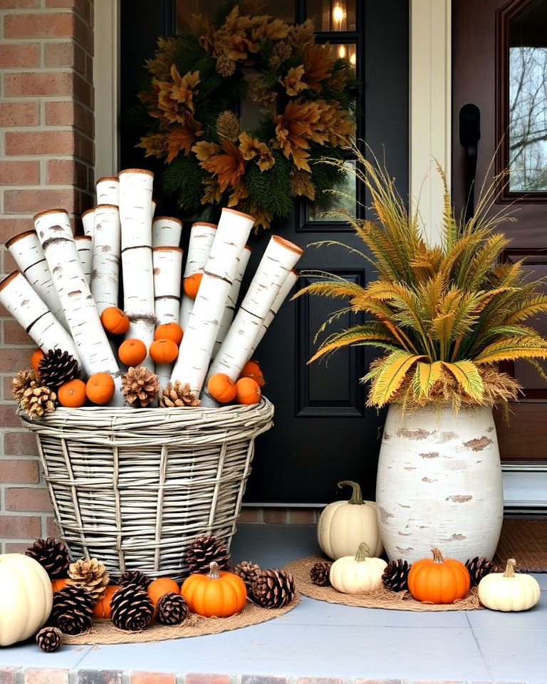 birch logs and pinecones for front door fall decor - 30 Front Door Fall Decor Ideas