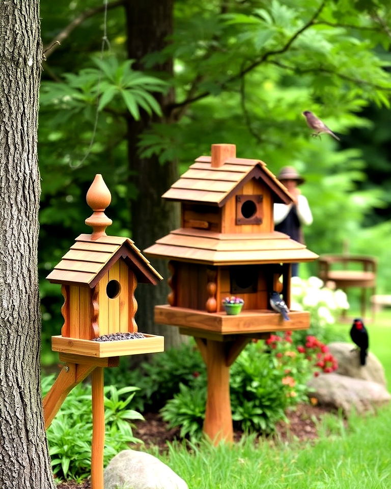 birdhouses and feeder to add whimsical touch - 25 Log Cabin Landscaping Ideas