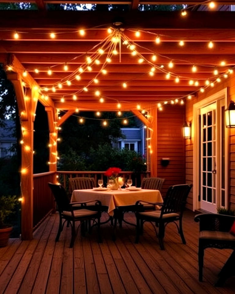 bistro lighting for warm glow - 25 Deck Decorating Ideas