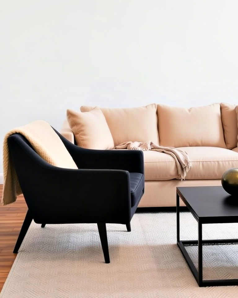 black accent chair and beige sectional - 30 Black and Beige Living Room Ideas