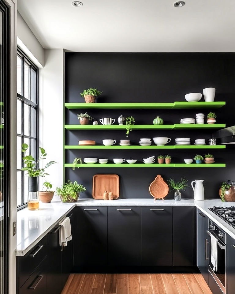 black accent wall and green open shelving combo - 30 Black and Green Kitchen Ideas