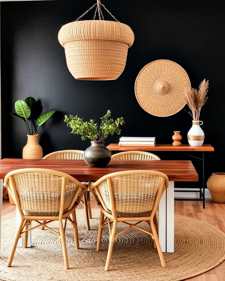 black accent wall and natural elements fusion - 20 Black Accent Wall Dining Room Ideas