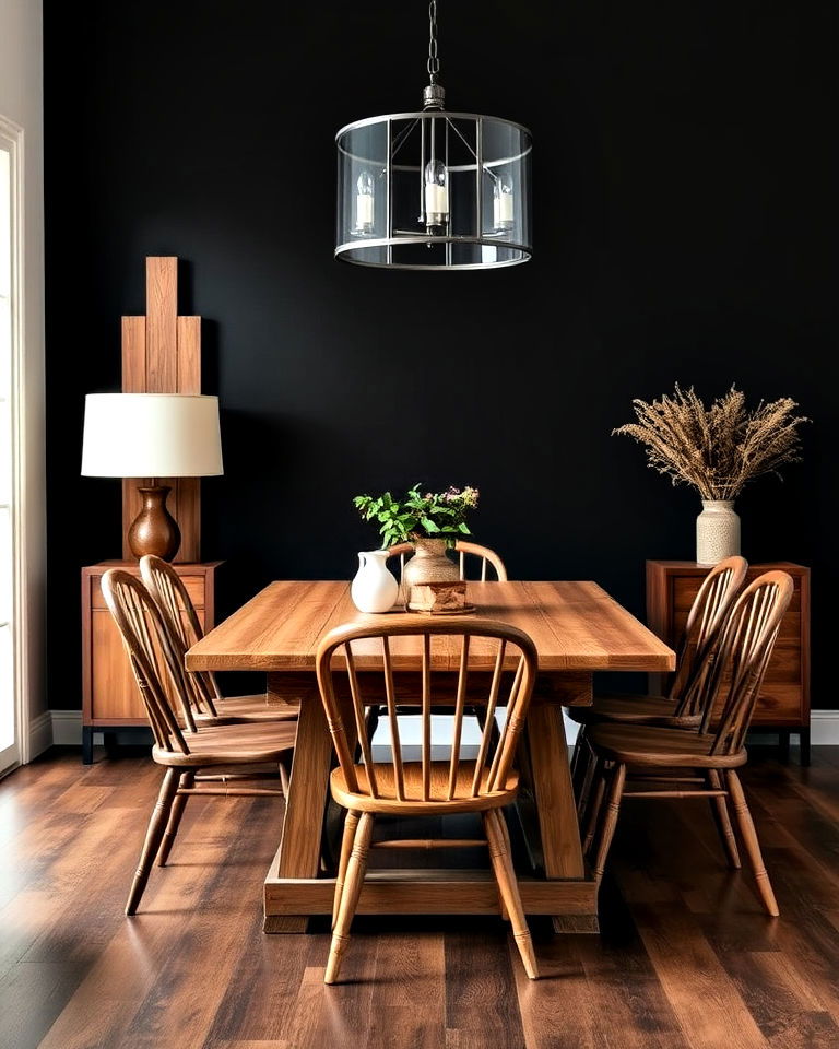 black accent wall and rustic elements for dining room - 20 Black Accent Wall Dining Room Ideas