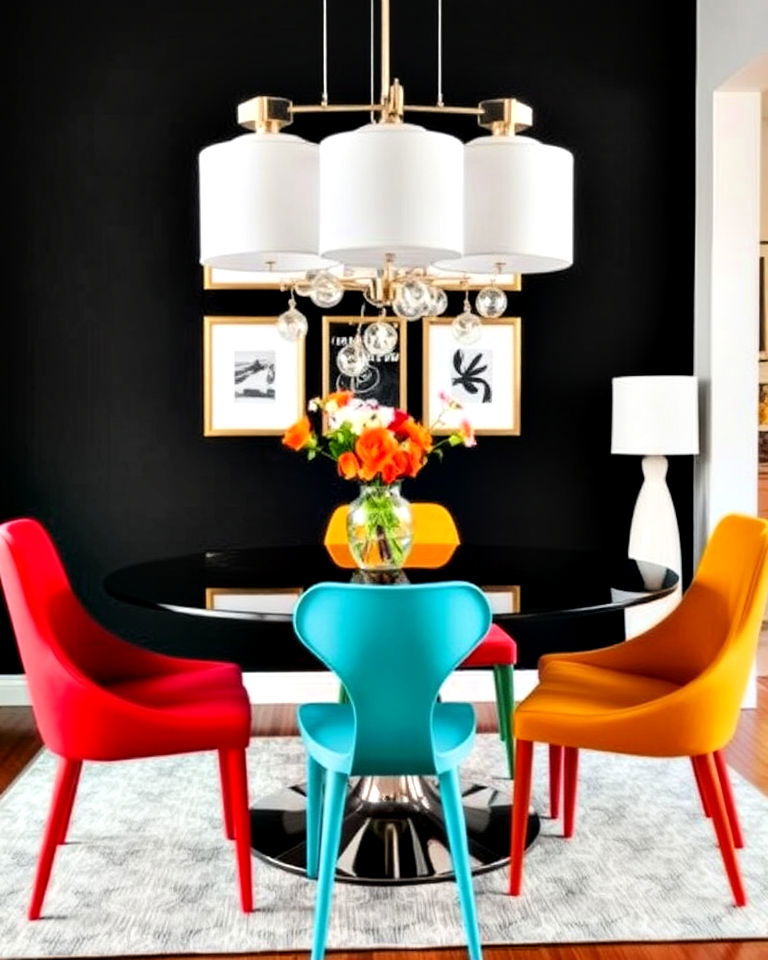 black accent wall dining room with brightly colored chairs - 20 Black Accent Wall Dining Room Ideas