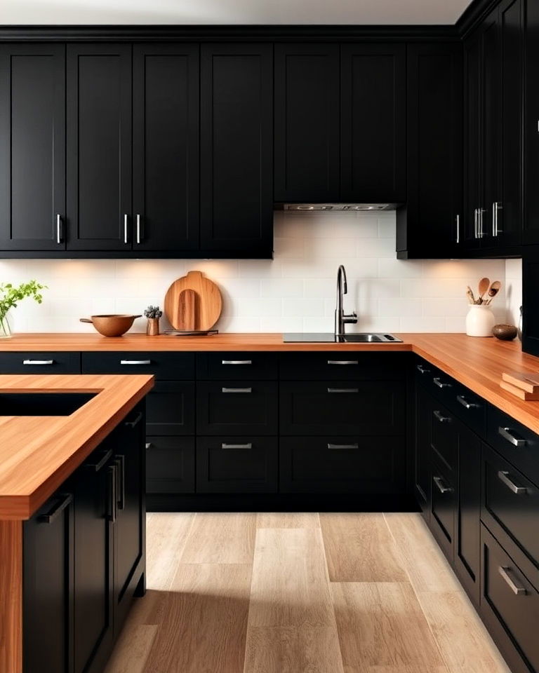 black accent wall dining room with brightly colored chairs - 20 Black and Brown Kitchen Ideas